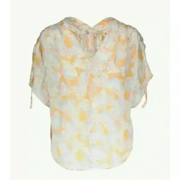 Vince Blouse Lotus Ruched Silk Top Floral Print Aqua Pink Yellow Size XS/S - Picture 4 of 10